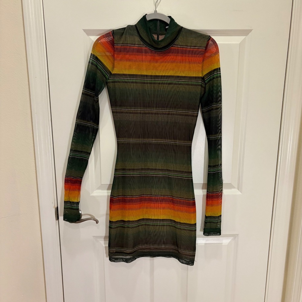 House of Holland Mesh Stripe Mock Neck Long Sleeve Mini Dress Green Orange US 4
